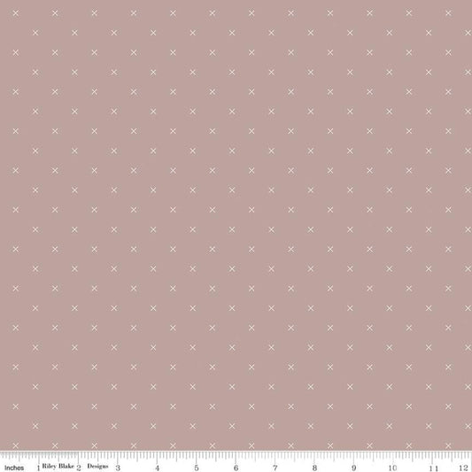 Bee Cross Stitch C745 Pewter - Riley Blake Designs - Cloud Off-White Xs on Gray Brown Geometric - Lori Holt - Quilting Cotton Fabric