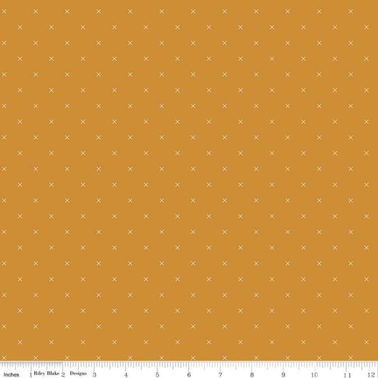Bee Cross Stitch C745 Butterscotch - Riley Blake Designs - Cloud Off-White Xs on Gold Geometric - Lori Holt - Quilting Cotton Fabric