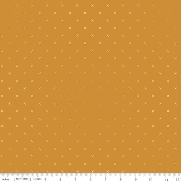 SALE Bee Cross Stitch C745 Butterscotch by Riley Blake Designs - Cloud Off-White Xs on Gold Geometric - Lori Holt - Quilting Cotton Fabric