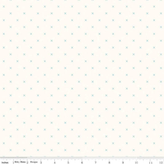 Bee Cross Stitch on Cloud C747 Cottage - Riley Blake Designs -  Aqua Blue Xs on Off-White - Lori Holt - Quilting Cotton Fabric