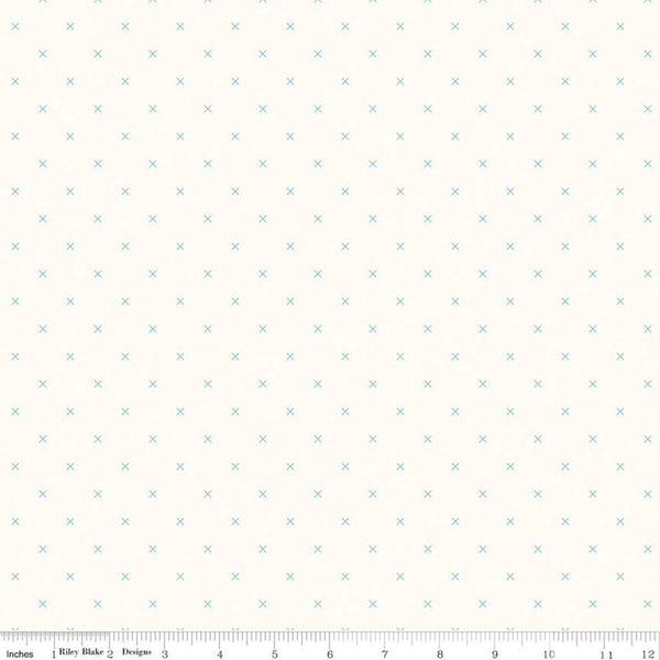 SALE Bee Cross Stitch on Cloud C747 Cottage by Riley Blake Designs -  Aqua Blue Xs on Off-White - Lori Holt - Quilting Cotton Fabric