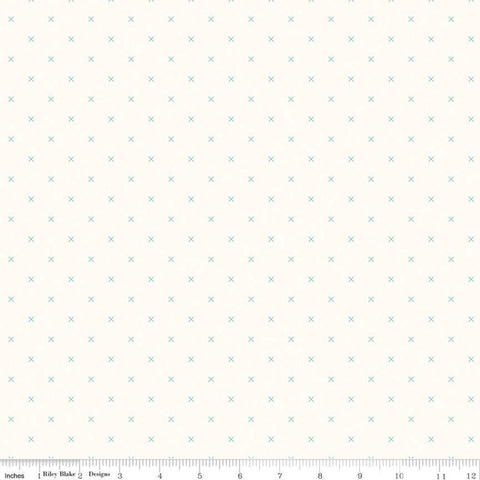 SALE Bee Cross Stitch on Cloud C747 Cottage by Riley Blake Designs -  Aqua Blue Xs on Off-White - Lori Holt - Quilting Cotton Fabric