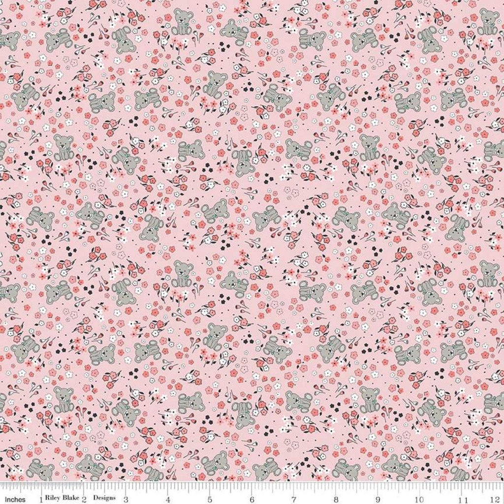 9" End of Bolt Piece - CLEARANCE Sleep Tight Garden C10262 Pink - Riley Blake Designs -  Flowers Floral Teddy Bears - Quilting Cotton Fabric