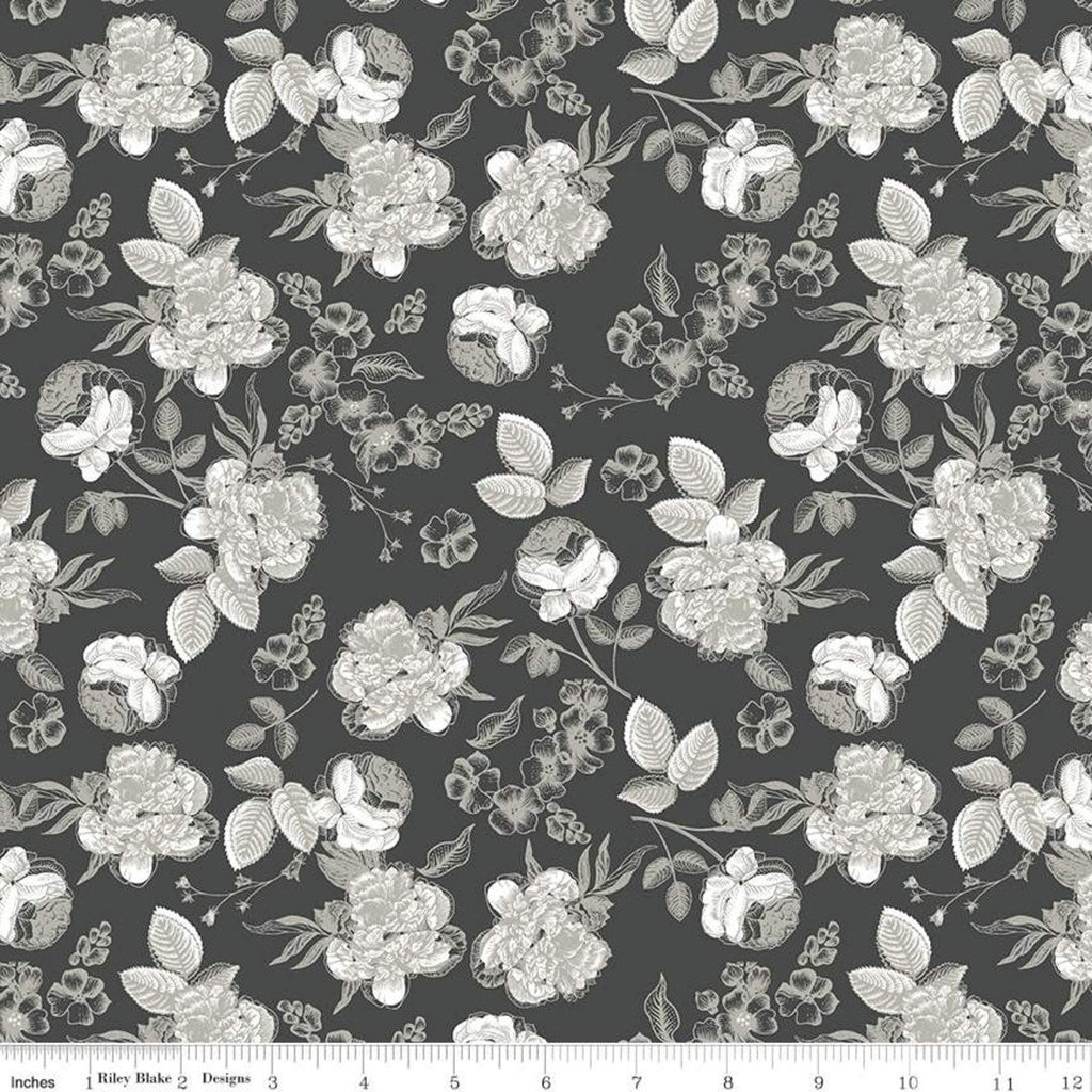 13" End of Bolt Piece - Gingham Gardens Lined Floral C10352 Charcoal - Riley Blake Designs - Sketched Flowers Gray - Quilting Cotton Fabric