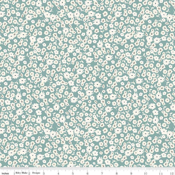 29" End of Bolt - Gingham Gardens Blossoms C10353 Teal - Riley Blake Designs - Cream Flowers on Green Blue - Quilting Cotton Fabric