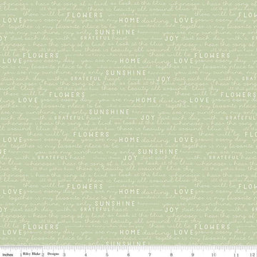 SALE Gingham Gardens Text C10354 Green - Riley Blake Designs - Cream Words Script Love Joy Home Sunshine Grateful - Quilting Cotton Fabric