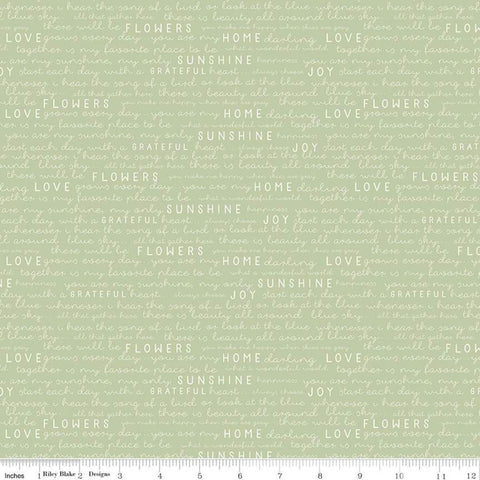 Gingham Gardens Text C10354 Green - Riley Blake Designs - Cream Words Script Love Joy Home Sunshine Grateful - Quilting Cotton Fabric