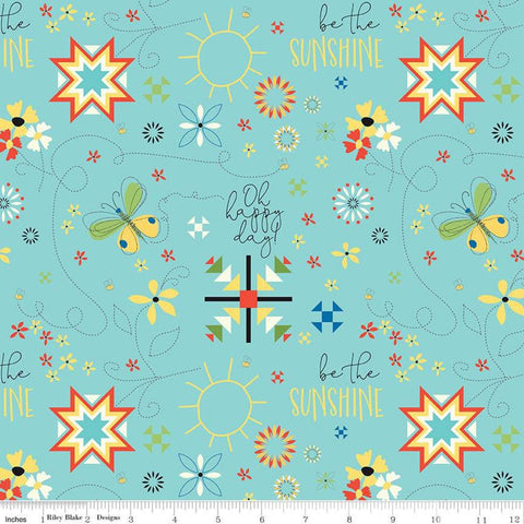 CLEARANCE Oh Happy Day! Main C10310 Aqua - Riley Blake Designs - Text Be the Sunshine Stars Flowers Blue - Quilting Cotton Fabric