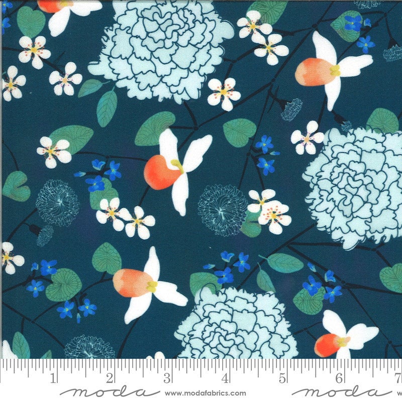 SALE Lakeside Story Midwest State Flowers 13350 Sailcloth - Moda Fabrics - Floral Flowers Great Lakes Dark Blue - Quilting Cotton Fabric