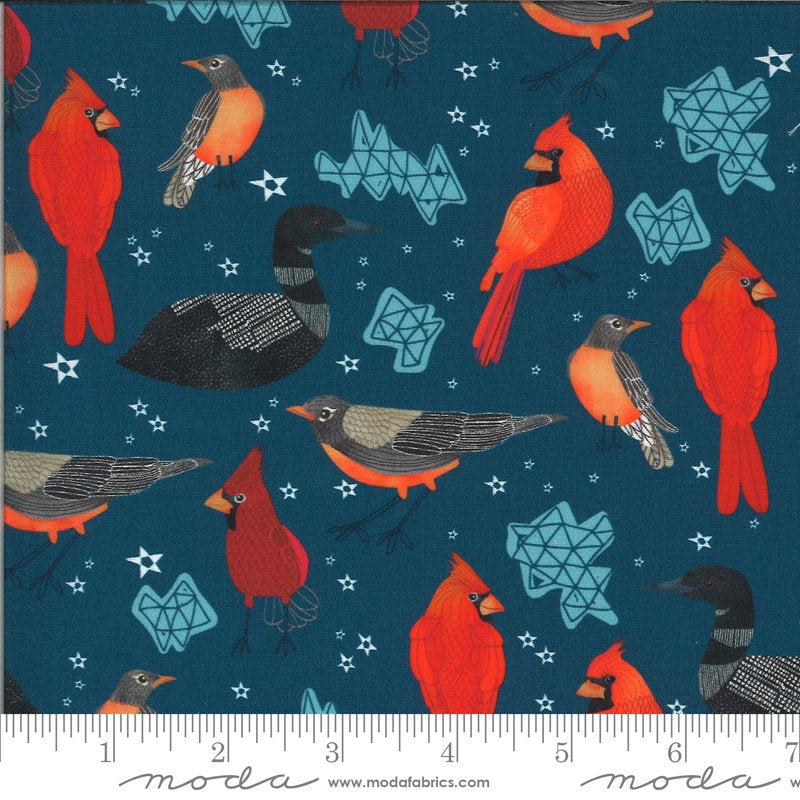 SALE Lakeside Story Midwest State Birds 13351 Sailcloth - Moda Fabrics - Cardinals Robins Great Lakes Dark Blue - Quilting Cotton Fabric