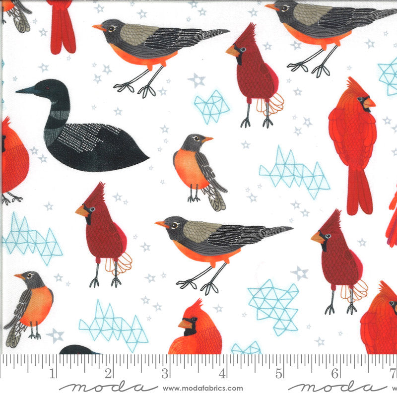 14" end of bolt - SALE Lakeside Story Midwest State Birds 13351 Foam - Moda Fabrics - Cardinals Loons Robins White - Quilting Cotton Fabric