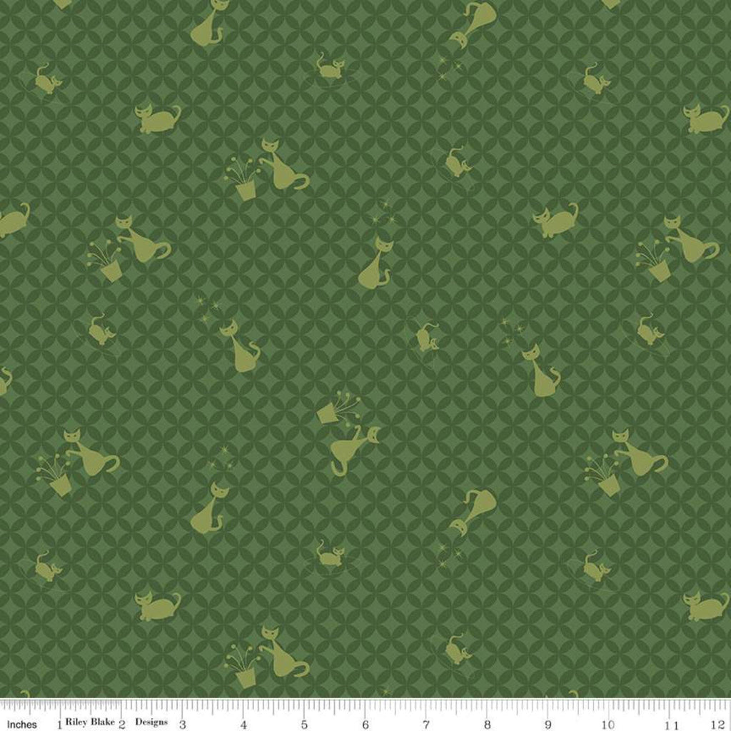 Mod Meow Cat Toss C10281 Green - Riley Blake Designs - Cat Cats Orange Peel Background - Quilting Cotton Fabric
