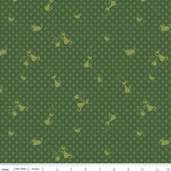 SALE Mod Meow Cat Toss C10281 Green - Riley Blake Designs - Cat Cats Orange Peel Background - Quilting Cotton Fabric