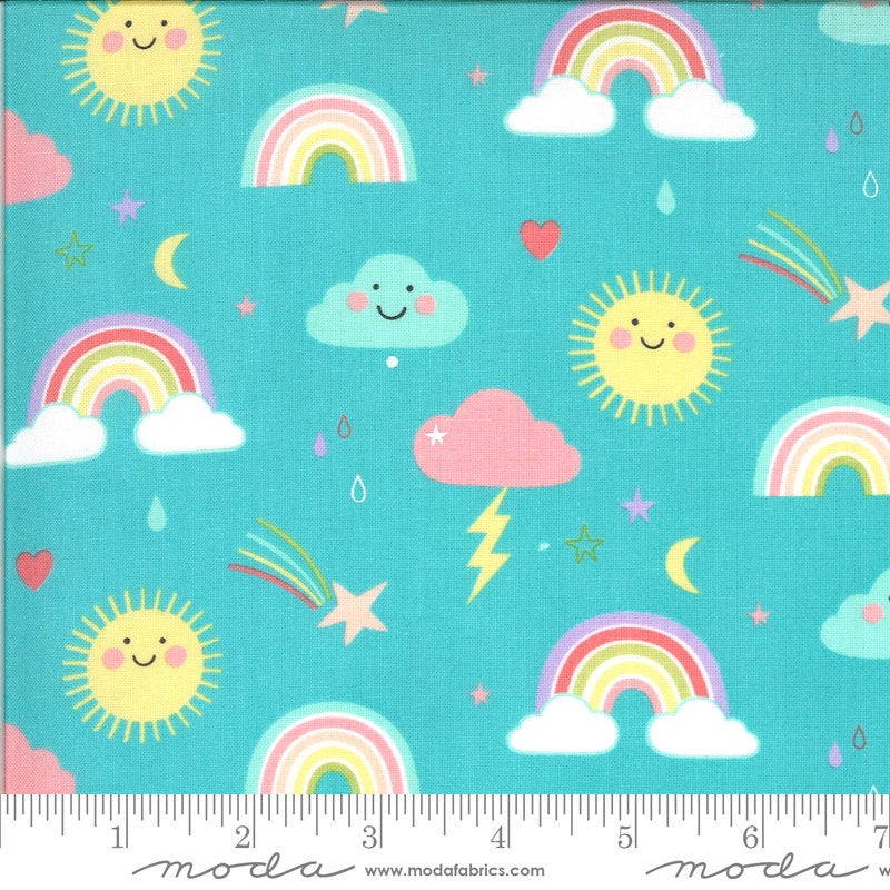 Hello Sunshine Rainbows 35350 Aqua - Moda Fabrics - Children's Juvenile Clouds Suns Raindrops Stars Turquoise Blue - Quilting Cotton Fabric