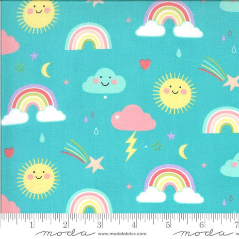 SALE Hello Sunshine Rainbows 35350 Aqua - Moda Fabrics - Children's Clouds Suns Raindrops Stars Turquoise Blue - Quilting Cotton Fabric