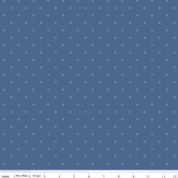 SALE Bee Cross Stitch C745 Denim - Riley Blake Designs - Cloud Off-White Xs on Blue Geometric - Lori Holt - Quilting Cotton Fabric