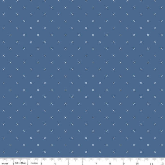 DEAL Bee Cross Stitch C745 Denim - Riley Blake Designs - Cloud Off-White Xs on Blue Geometric - Lori Holt - Quilting Cotton Fabric