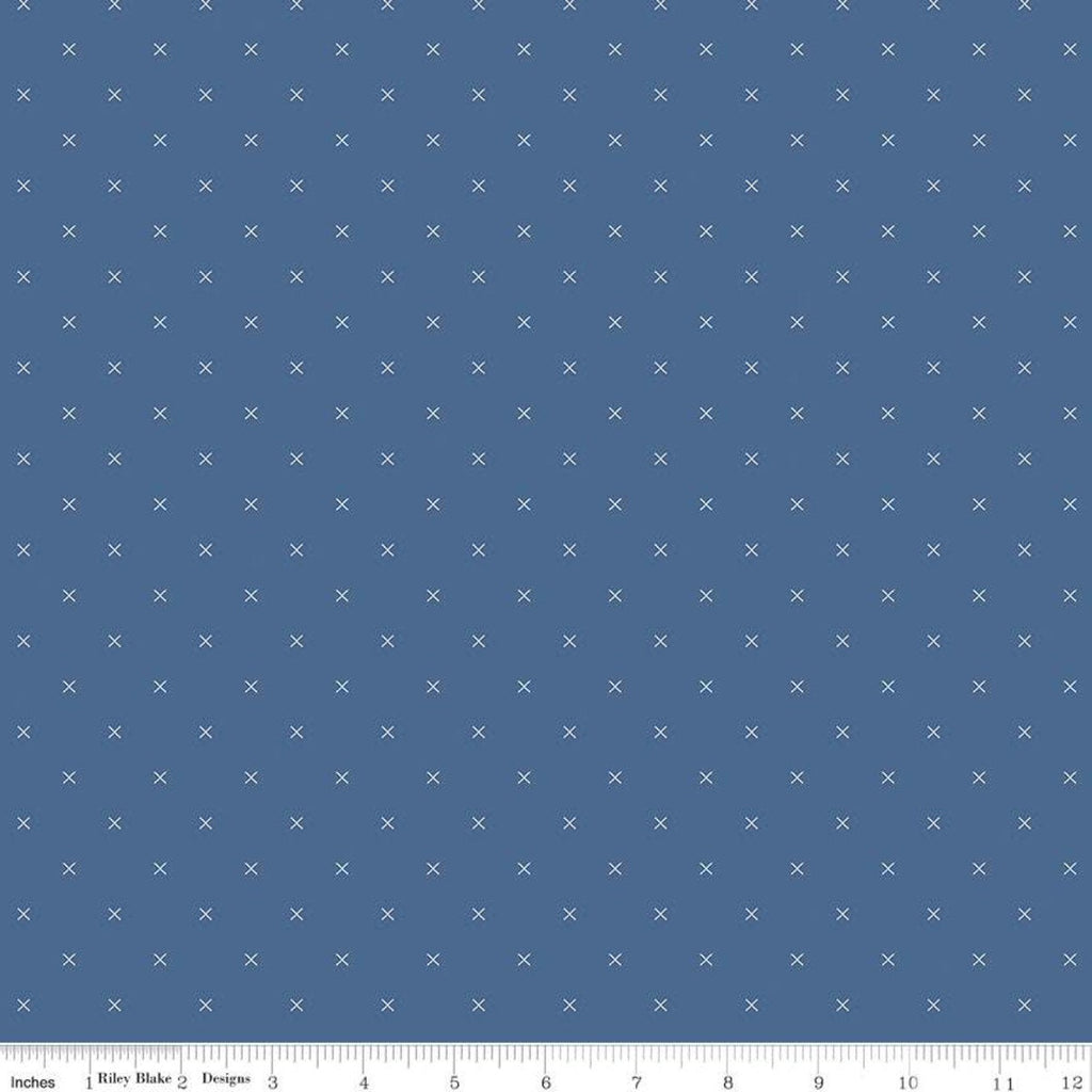SALE Bee Cross Stitch C745 Denim by Riley Blake Designs - Cloud Off-White Xs on Blue Geometric - Lori Holt - Quilting Cotton Fabric
