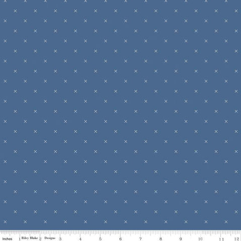 Bee Cross Stitch C745 Denim by Riley Blake Designs - Cloud Off-White Xs on Blue Geometric - Lori Holt - Quilting Cotton Fabric