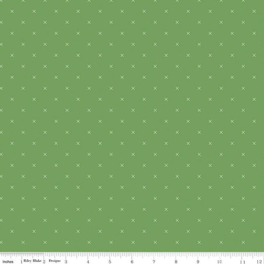DEAL Bee Cross Stitch C745 Clover - Riley Blake Designs - Cloud Off-White Xs on Green Geometric - Lori Holt - Quilting Cotton Fabric