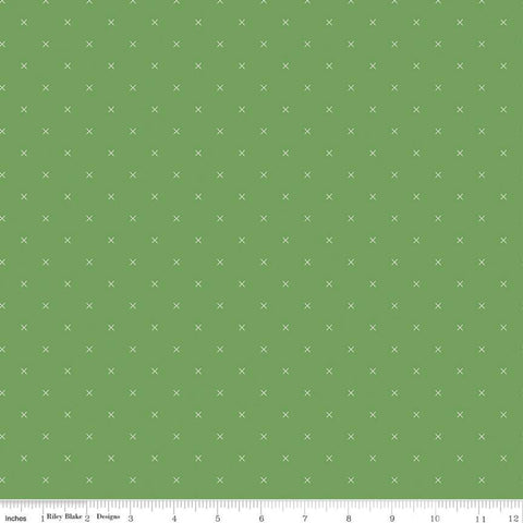 SALE Bee Cross Stitch C745 Clover by Riley Blake Designs - Cloud Off-White Xs on Green Geometric - Lori Holt - Quilting Cotton Fabric