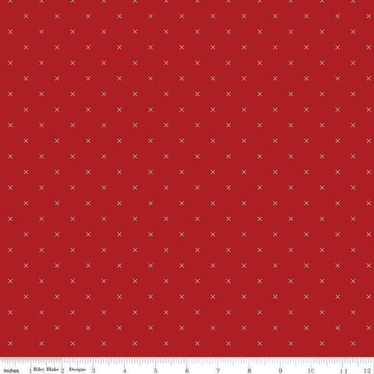 Bee Cross Stitch C745 Barn Red - Riley Blake Designs - Cloud Off-White Xs on Red Geometric - Lori Holt - Quilting Cotton Fabric