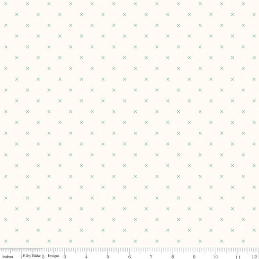 Bee Cross Stitch on Cloud C747 Alpine - Riley Blake Designs -  Green Xs on Off-White Geometric - Lori Holt - Quilting Cotton Fabric