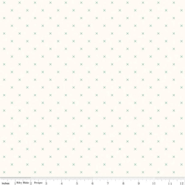 Bee Cross Stitch on Cloud C747 Alpine by Riley Blake Designs -  Green Xs on Off-White Geometric - Lori Holt - Quilting Cotton Fabric