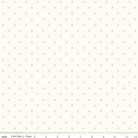 Bee Cross Stitch on Cloud C747 Alpine by Riley Blake Designs -  Green Xs on Off-White Geometric - Lori Holt - Quilting Cotton Fabric