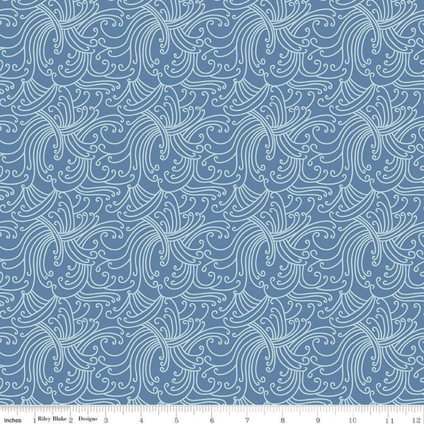 35" End of Bolt SALE Riptide Gnarly Waves C10302 Denim  - Riley Blake Designs - Swirly Lines Swirls Blue - Quilting Cotton Fabric