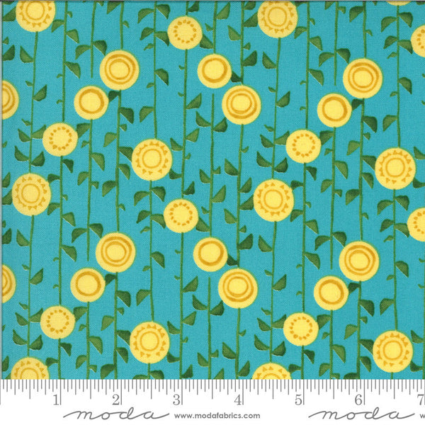 SALE Solana Stalks 48683 Pond - Moda Fabrics - Flowers Leaves Vines Sunflowers on Aqua Blue - Quilting Cotton Fabric