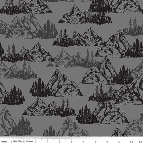 CLEARANCE Timberland Mountains C10331 Gray - Riley Blake Designs - Sketched Mountains Pine Trees - Quilting Cotton Fabric