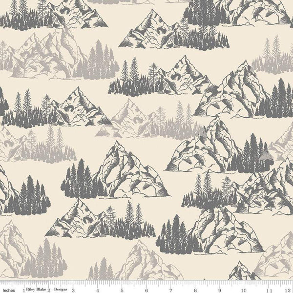 SALE Timberland Mountains C10331 Cream - Riley Blake Designs - Sketched Mountains Pine Trees - Quilting Cotton Fabric