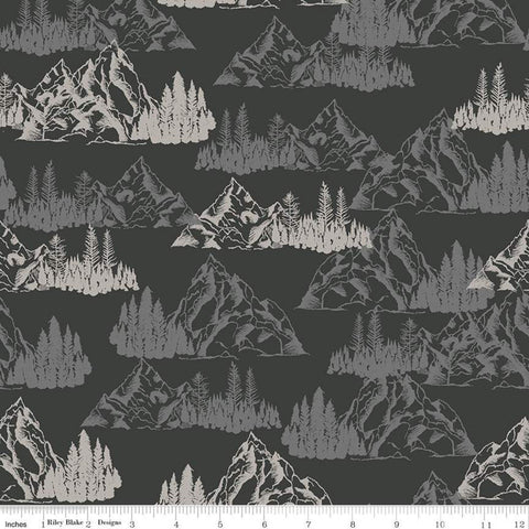 CLEARANCE Timberland Mountains C10331 Charcoal - Riley Blake Designs - Sketched Mountains Pine Trees Dark Gray - Quilting Cotton Fabric