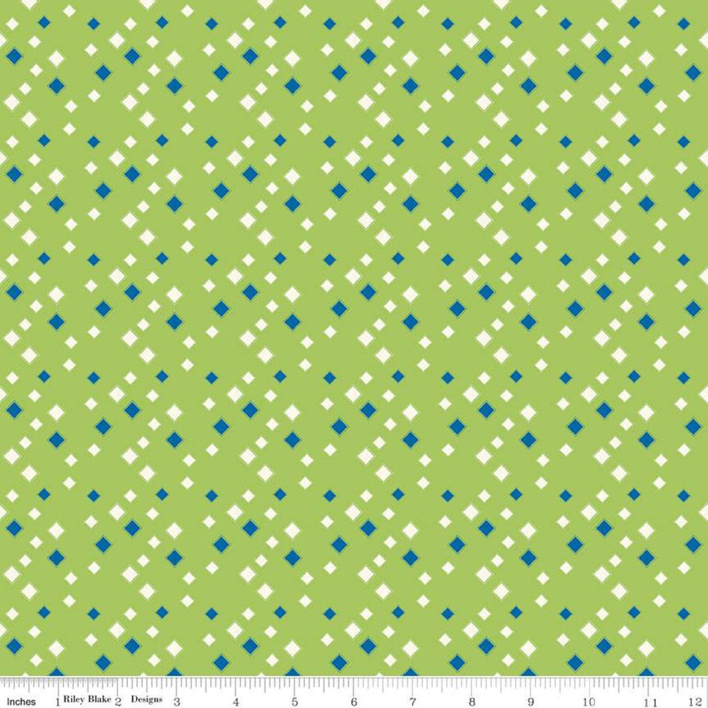 SALE Oh Happy Day! Diamonds C10314 Green - Riley Blake Designs - Scattered Blue Cream Diamonds on Green - Quilting Cotton Fabric