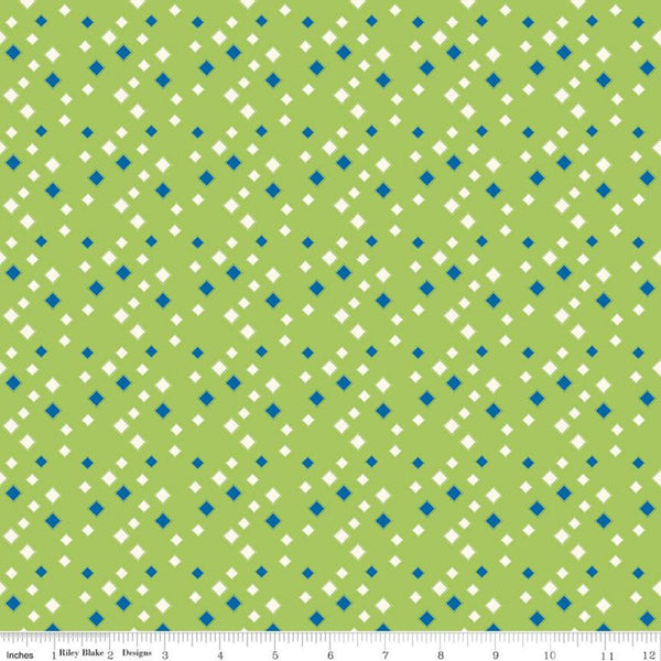 CLEARANCE Oh Happy Day! Diamonds C10314 Green - Riley Blake Designs - Scattered Blue Cream Diamonds on Green - Quilting Cotton Fabric