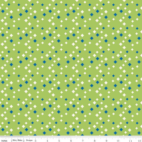 SALE Oh Happy Day! Diamonds C10314 Green - Riley Blake Designs - Scattered Blue Cream Diamonds on Green - Quilting Cotton Fabric