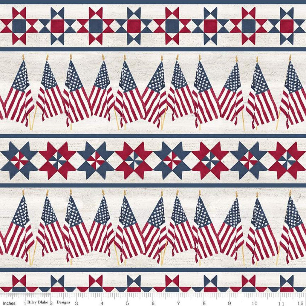 CLEARANCE Let Freedom Soar Border Stripe C10522 Off White - Riley Blake Designs - Patriotic Flags Patchwork Stars - Quilting Cotton Fabric