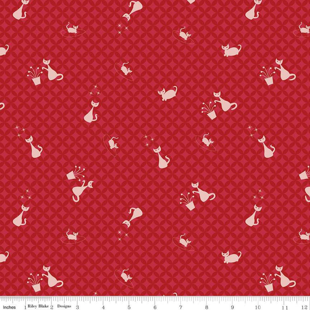 Mod Meow Cat Toss C10281 Barn Red - Riley Blake Designs - Cat Cats Orange Peel Background - Quilting Cotton Fabric