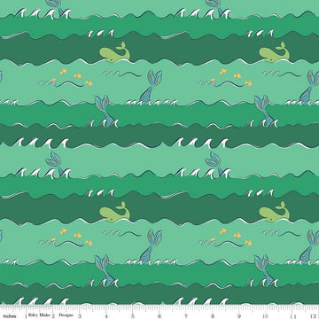 CLEARANCE Ahoy! Mermaids Oceans C10344 Green SPARKLE - Riley Blake - Mermaid Tails Whales Gold SPARKLE Fish Stripes - Quilting Cotton Fabric