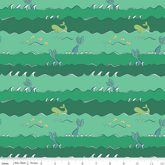 CLEARANCE Ahoy! Mermaids Oceans C10344 Green SPARKLE - Riley Blake - Mermaid Tails Whales Gold SPARKLE Fish Stripes - Quilting Cotton Fabric