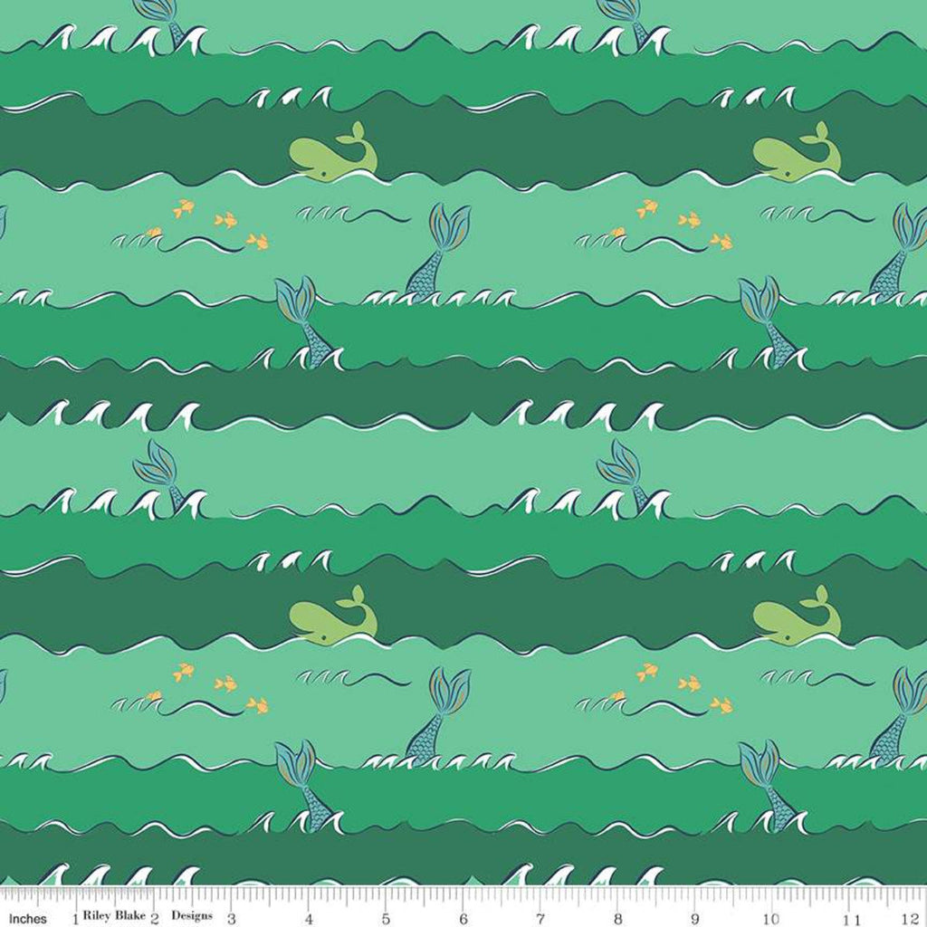 SALE Ahoy! Mermaids Oceans C10344 Green SPARKLE - Riley Blake - Mermaid Tails Whales Gold SPARKLE Fish Stripes - Quilting Cotton Fabric
