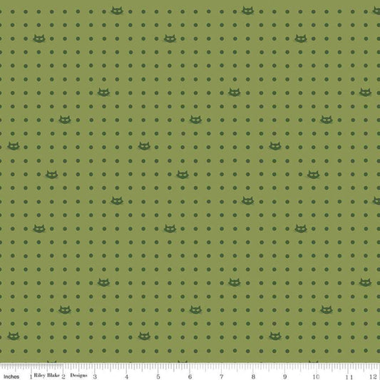 SALE Mod Meow Dots C10283 Olive - Riley Blake Designs - Cat Cats Polka Dots Dotted Dot Green - Quilting Cotton Fabric