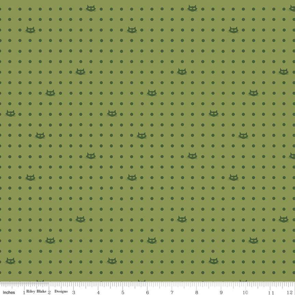 Mod Meow Dots C10283 Olive - Riley Blake Designs - Cat Cats Polka Dots Dotted Dot Green - Quilting Cotton Fabric
