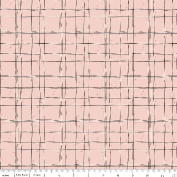 SALE Mod Meow Plaid C10285 Blush - Riley Blake Designs - Cat Cats Sketched Lines Irregular Grid Stars Pink - Quilting Cotton Fabric