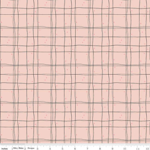 Mod Meow Plaid C10285 Blush - Riley Blake Designs - Cat Cats Sketched Lines Irregular Grid Stars Pink - Quilting Cotton Fabric
