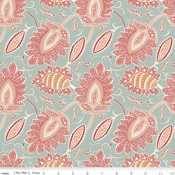 27" End of Bolt - CLEARANCE Ava Kate Damask C10531 Seafoam - Riley Blake - Paisley Orange Peach Cream Red on Blue Green - Cotton Fabric