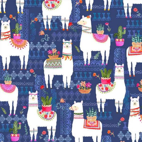 La Vida Loca La Llama CX9416 Navy by Michael Miller - Blue Llamas Flowers - Quilting Cotton Fabric