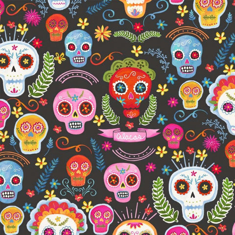 CLEARANCE La Vida Loca Sugar Skulls CX9423 Charcoal by Michael Miller - Calacas Skeleton Gray - Quilting Cotton Fabric