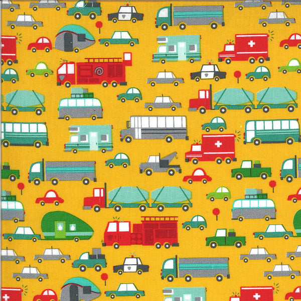 SALE On the Go Beep Beep 20721 Backhoe - Moda Fabrics - Cars Trucks Buses Campers Transportation Yellow Gold - Quilting Cotton Fabric